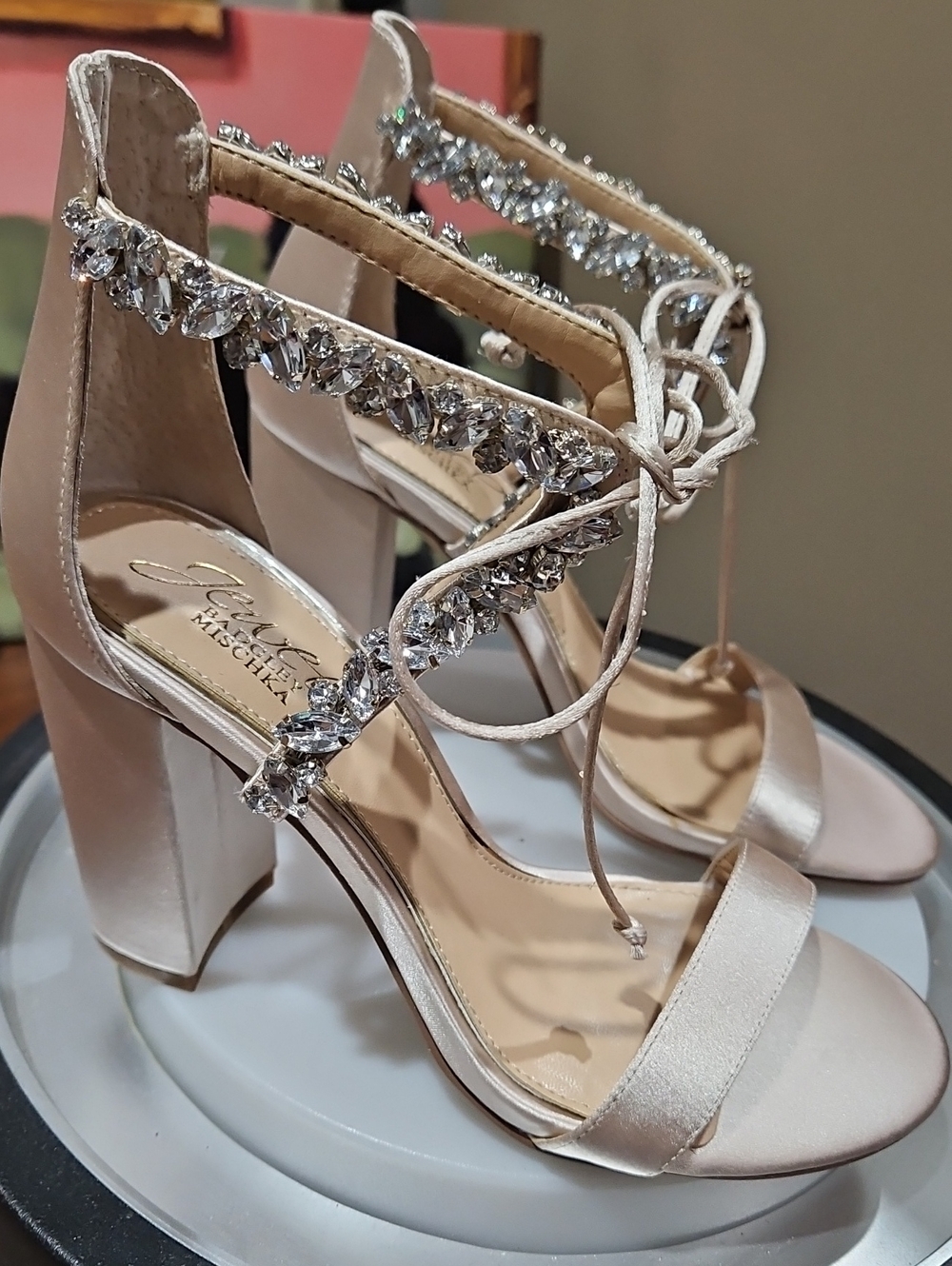 Jewel Badgley Mischka Blush Satin Crystal Lace-Up Block Heels